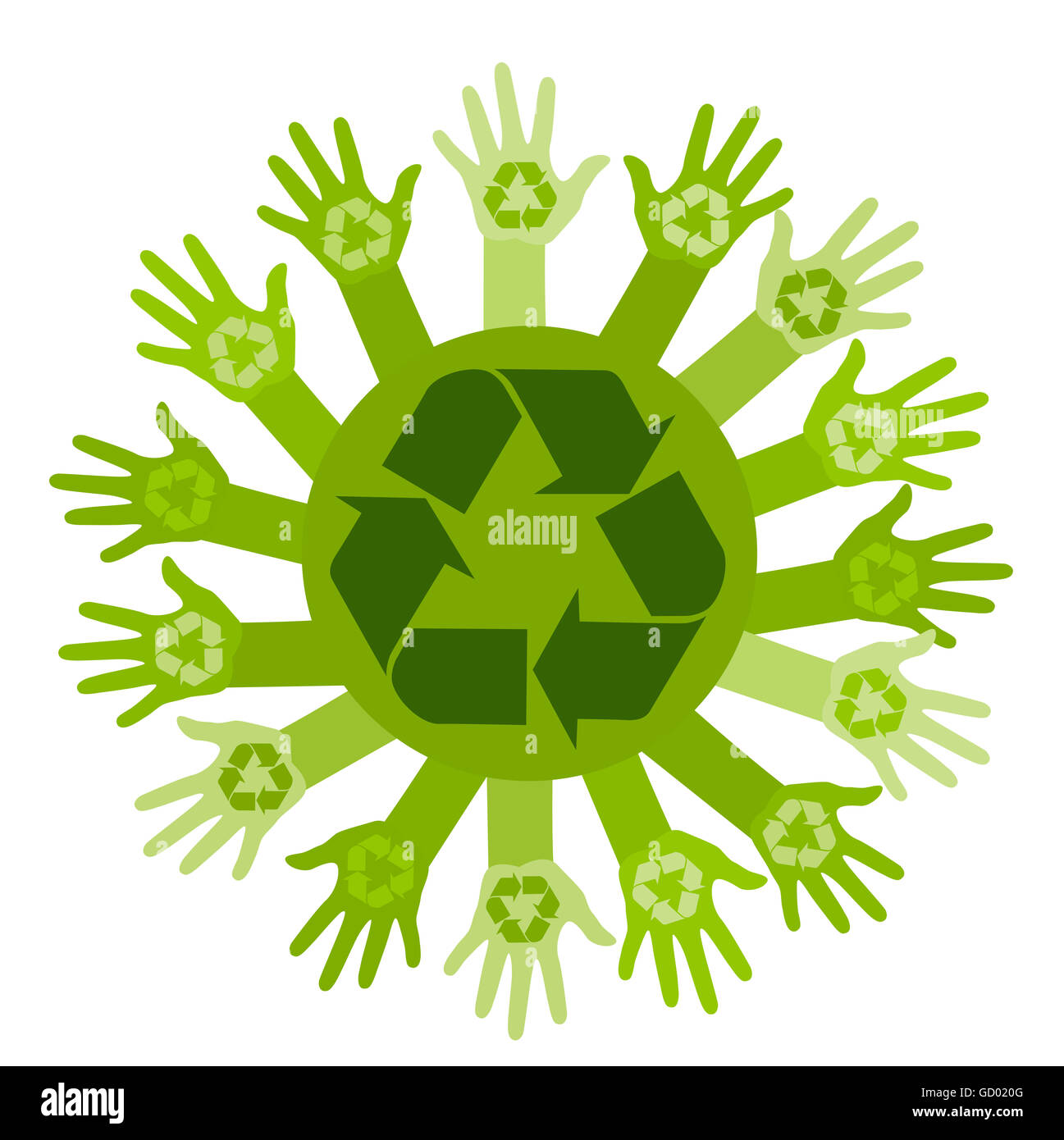 Conceptual ecology illustration with hands and recycling sign Stock Photo