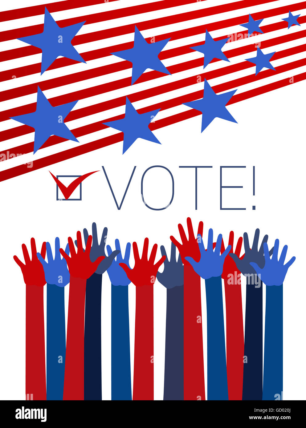 Vote conceptual illustration with raising hands, red stripes and blue stars Stock Photo