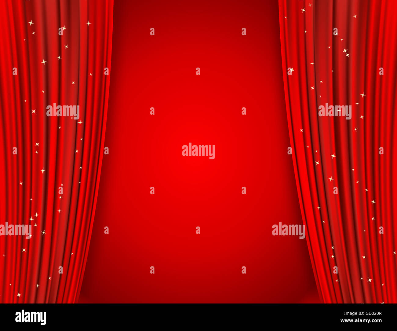 red curtains on red background with glittering stars. open curtains as movie presentation or cinema award announcement with spac Stock Photo