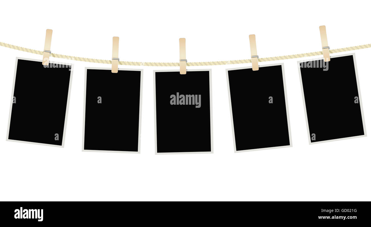 photo frames hanging on a rope with clothespins Stock Photo Alamy