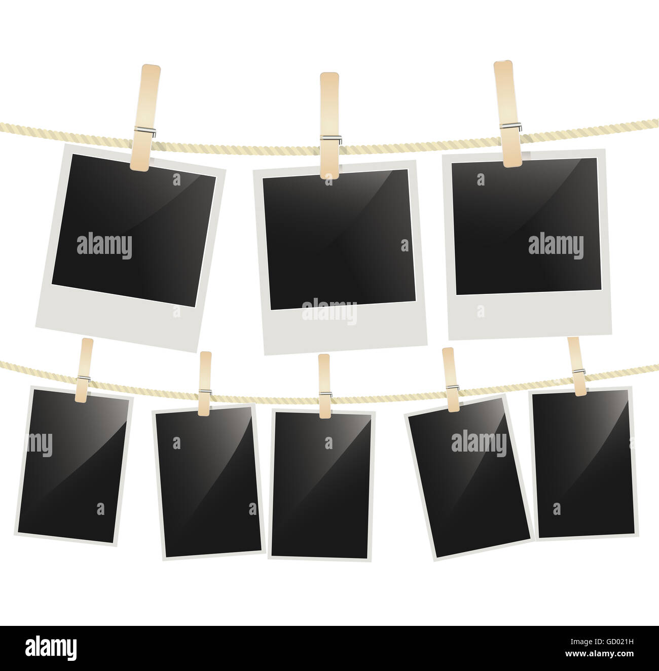 Photo frames hanging on clothesline with clothespins on white. Blank retro photographic frames Stock Photo
