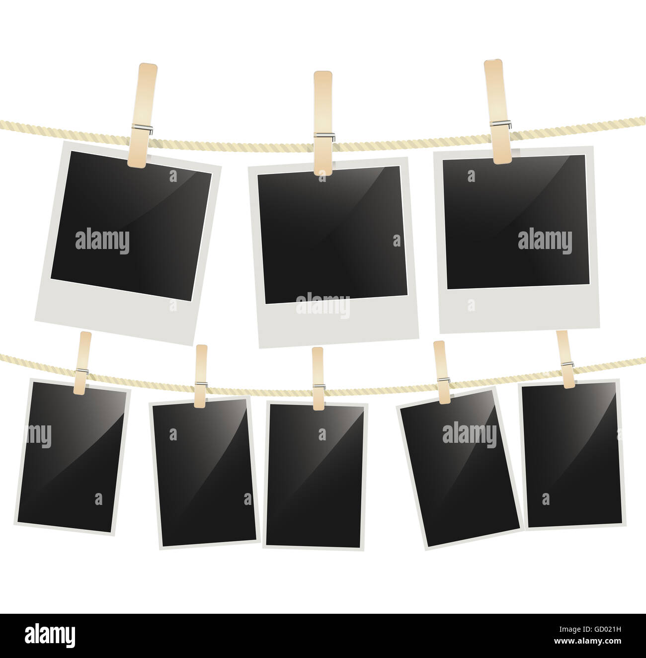 Photo frames hanging on clothesline with clothespins on white. Blank