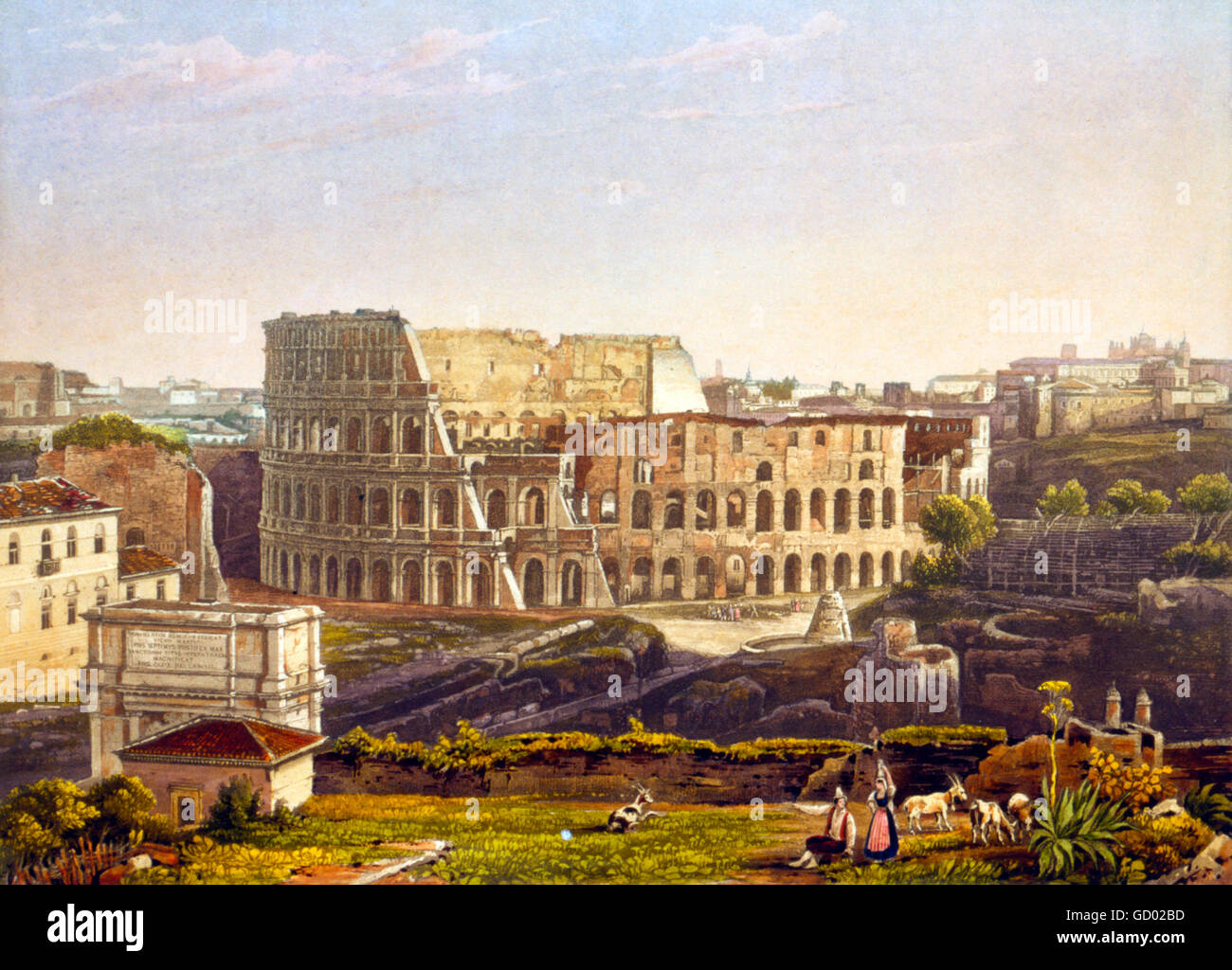 Colosseum, Rome. 19th century view of the Colosseum in Rome. Etching with aquatint from a daguerrotype by Noël Paymal Lerebours, 1842. Stock Photo