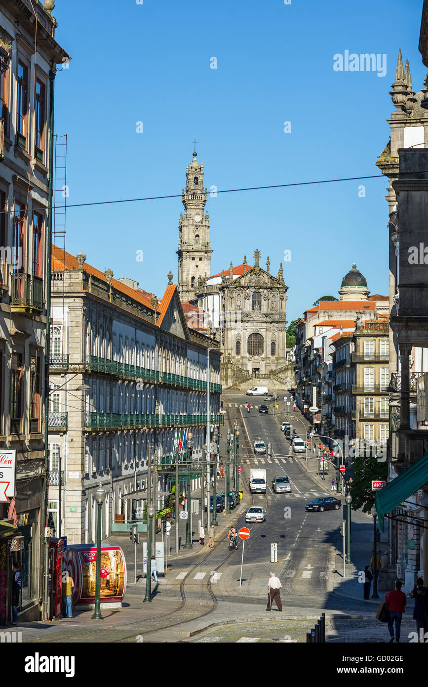 Rua 31 de Janeiro street and Praca da Liberdade with Igreja and tower dos Clerigos in background. Porto. Portugal. Stock Photo