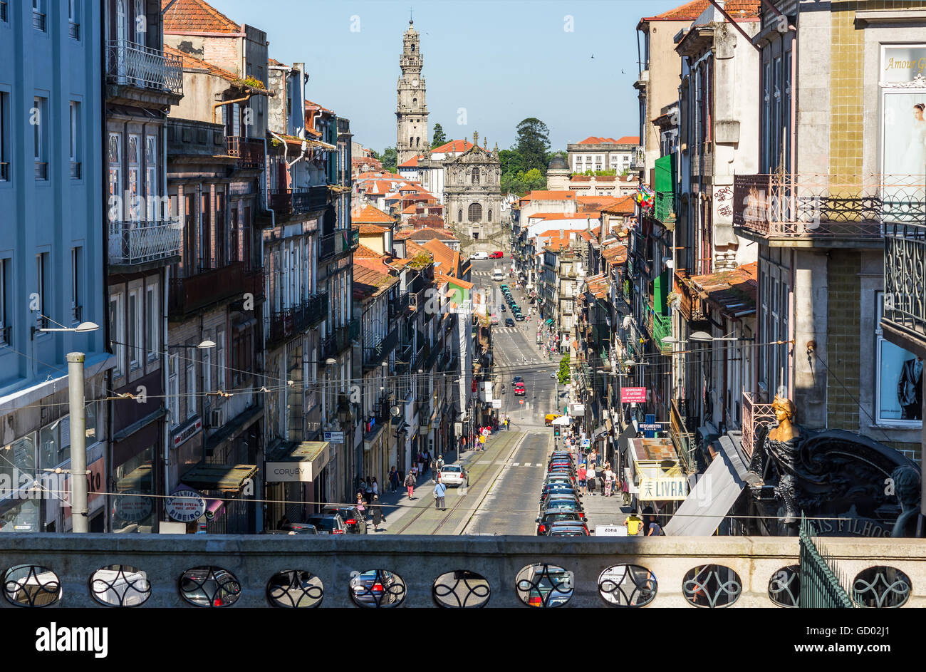 Rua 31 de Janeiro street and Igreja and tower dos Clerigos in background. Porto. Portugal. Stock Photo