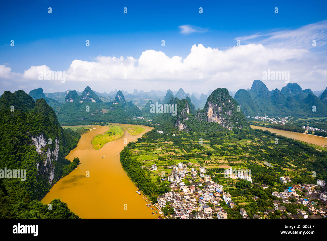 Karst Mountain landscape on the Li River in rural Guilin, Guangxi, China. Stock Photo
