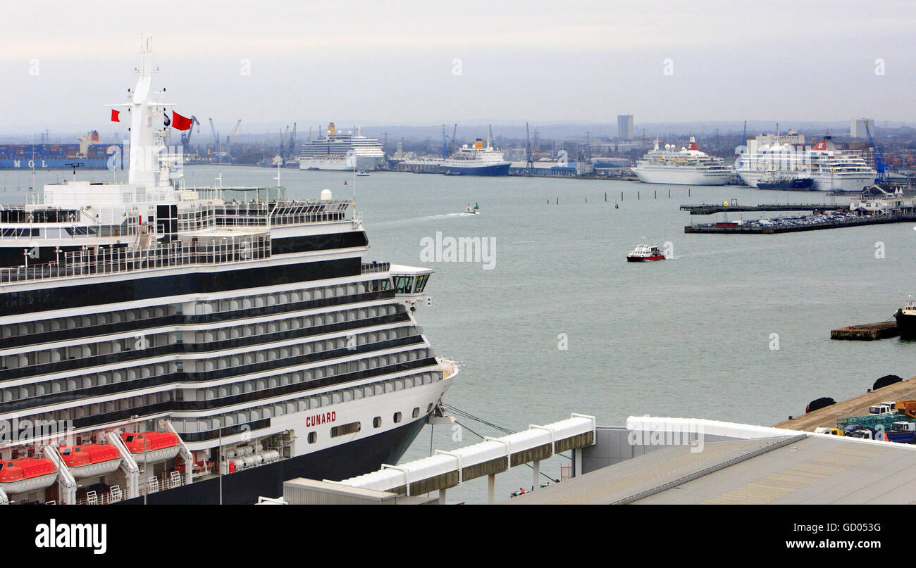 Five of the record six cruise ships sit alongside at Southampton docks today for the first time