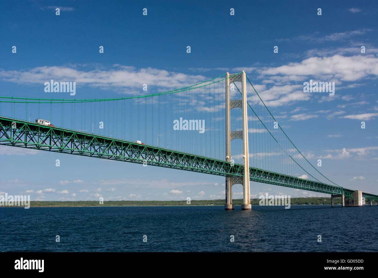 Michigan, Lake Michigan, Mackinac Bridge. Suspension bridge spanning