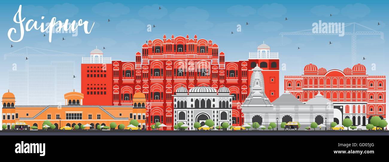 Jaipur Skyline with Color Landmarks and Blue Sky. Vector Illustration. Business Travel and Tourism Concept Stock Vector