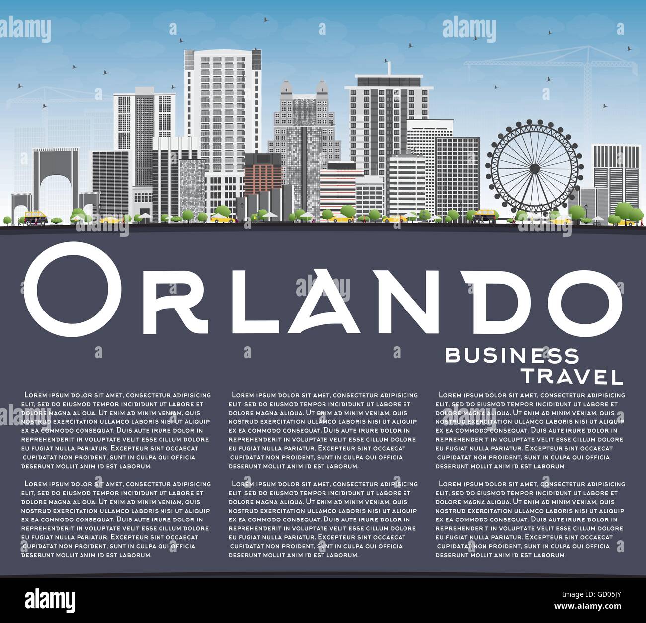 Orlando Skyline with Gray Buildings, Blue Sky and Copy Space. Vector Illustration. Business Travel and Tourism Concept Stock Vector
