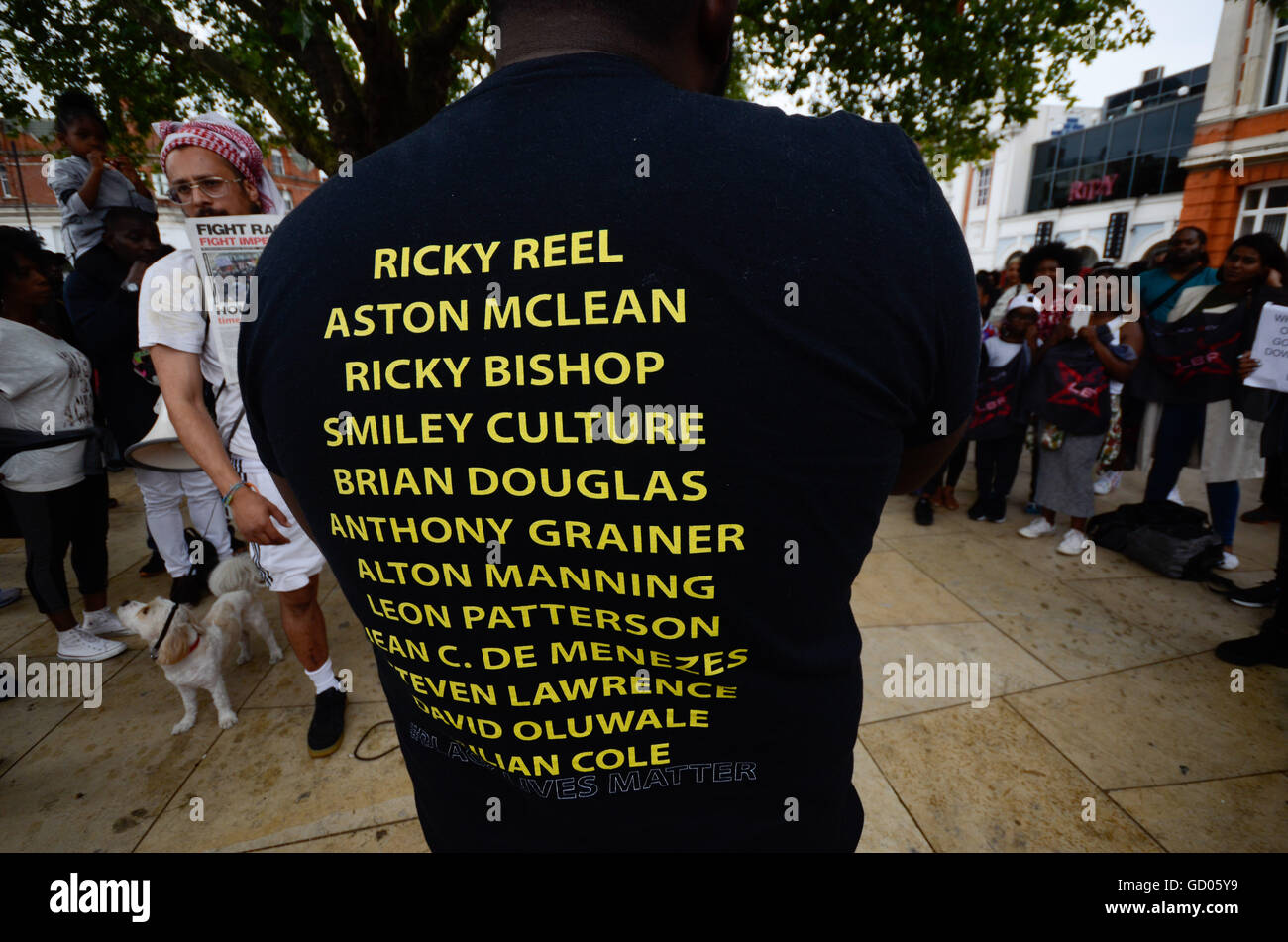 T shirt , with the names of Black people killed while in police custody in UK. Stock Photo