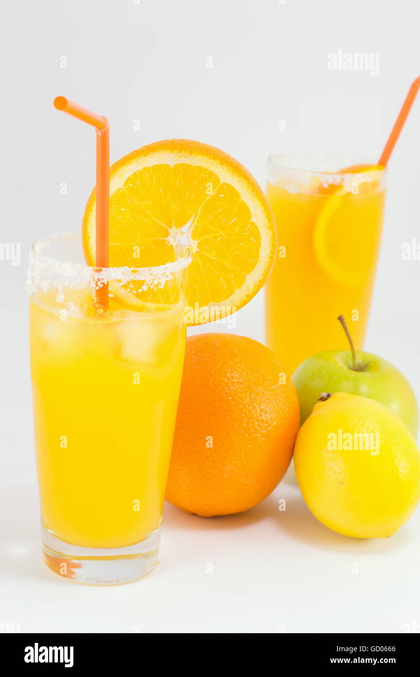 Cold orange and lemon juice for a summer day refreshment Stock Photo