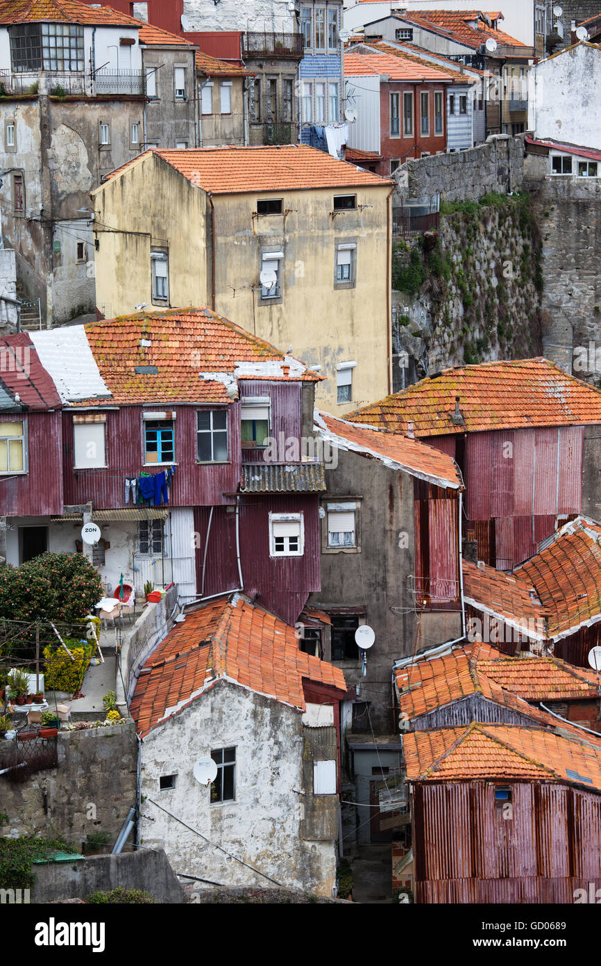 Old houses on steep hillside in city of Porto in Portugal Stock Photo