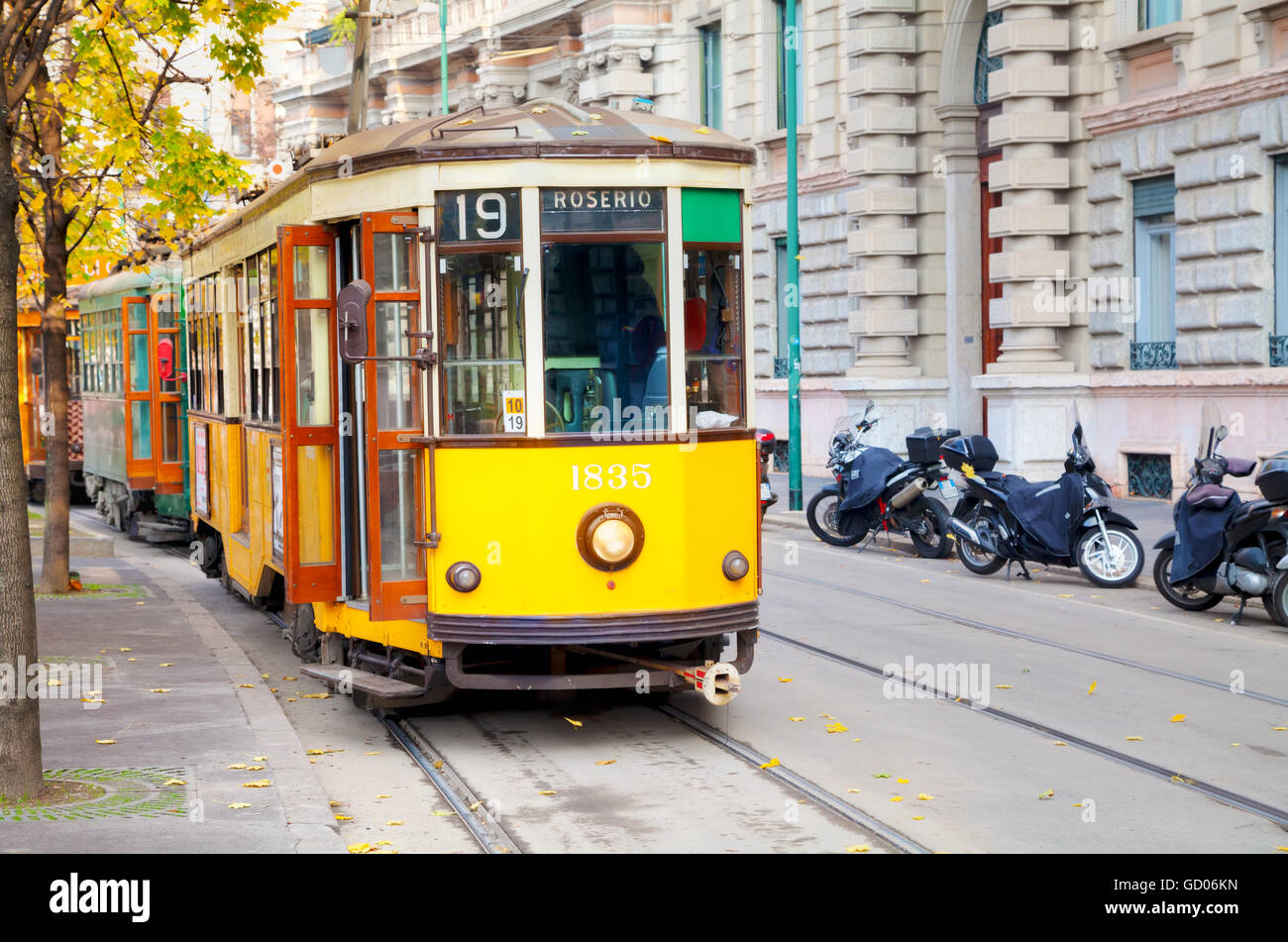 MILAN, ITALY - NOVEMBER 25: Old tram at Piazza Castello on November 25, 2015 in Milan, Italy. Stock Photo