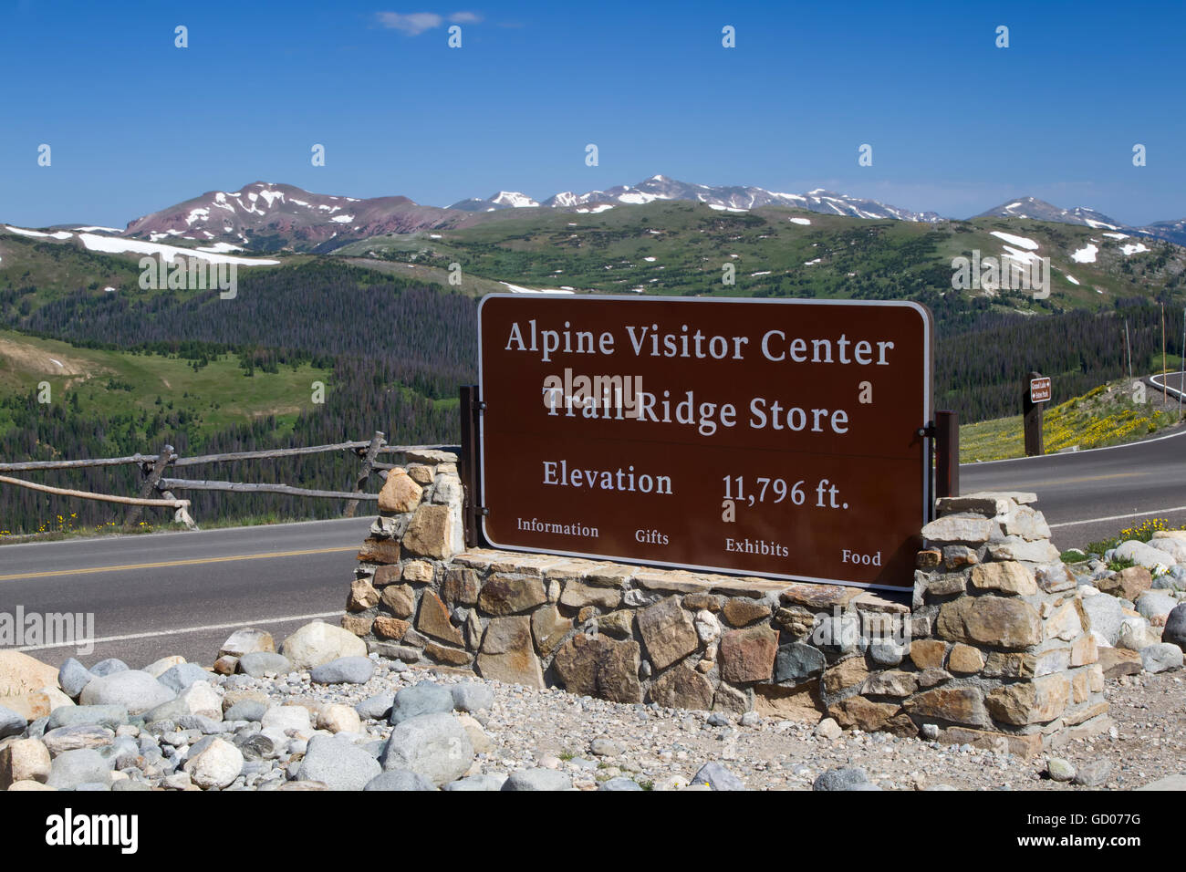 The Alpine Visitor center sits at the top of Trail Ridge Road in Rocky Mountain National Park at an elevation of 11,796 feet abo Stock Photo