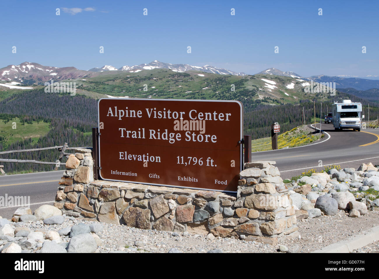 The Alpine Visitor center sits at the top of Trail Ridge Road in Rocky Mountain National Park at an elevation of 11,796 feet Stock Photo