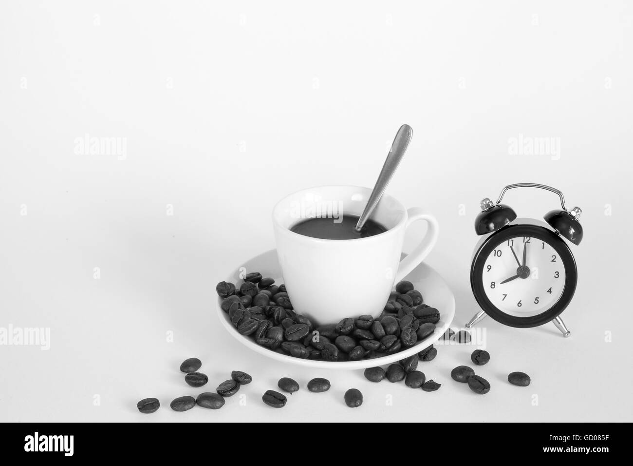 Breakfast Time: espresso, coffee bean and sugar. Stock Photo