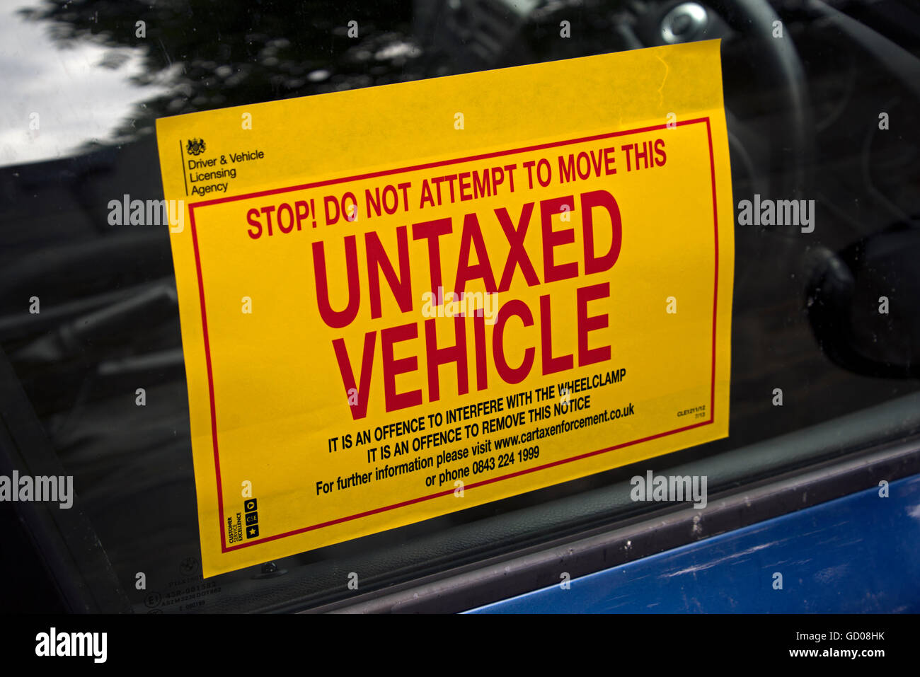 Untaxed vehicle sticker on a side window of a car in Edinburgh, Scotland, UK. Stock Photo