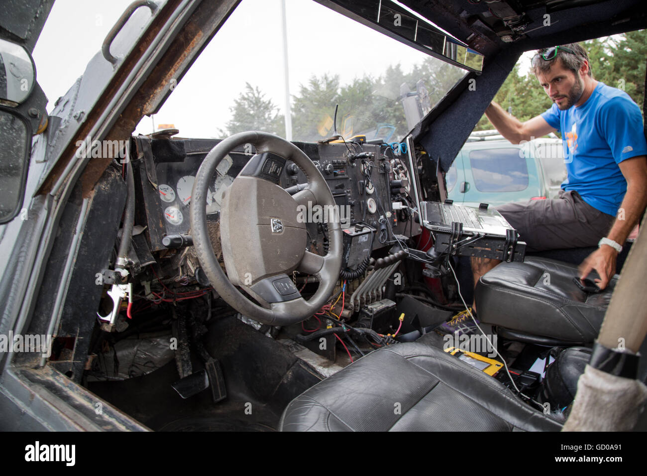 Interior cockpit of the TIV2 or 'Tornado Intercept Vehicle 2', a storm vehicle designed to penetrate the winds of a tornado. Stock Photo