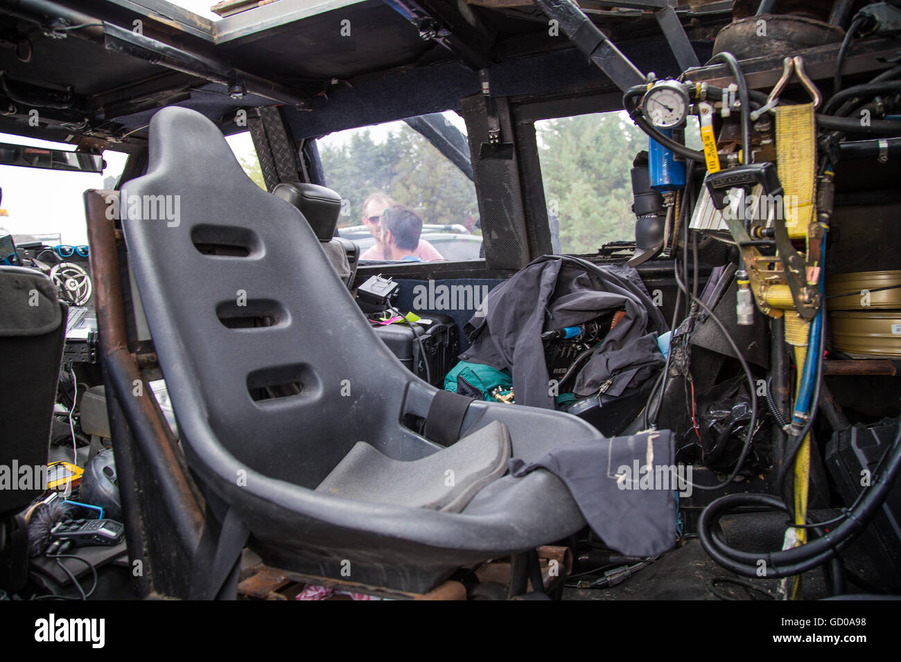 Interior cockpit of the TIV2 or 'Tornado Intercept Vehicle 2', a storm vehicle designed to penetrate the winds of a tornado. Stock Photo