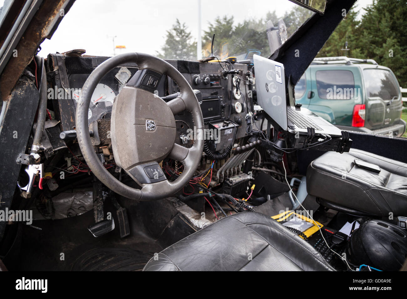 Interior cockpit of the TIV2 or 'Tornado Intercept Vehicle 2', a storm vehicle designed to penetrate the winds of a tornado. Stock Photo