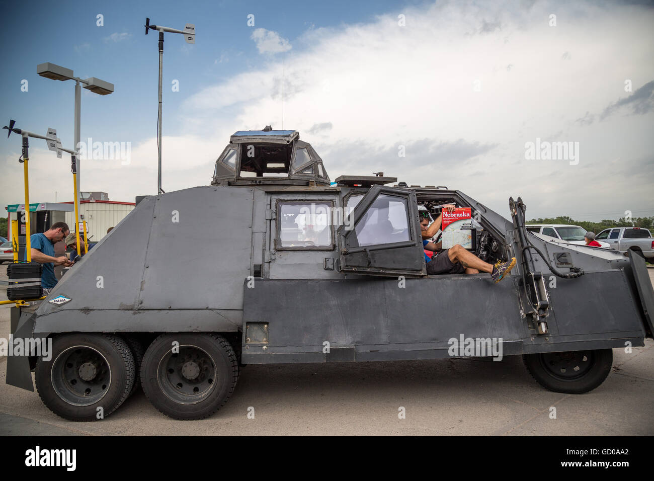 A storm chaser waits for a storm in the TIV 2, or 'Tornado Intercept Vehicle 2', an armored vehicle designed to enter tornadoes. Stock Photo