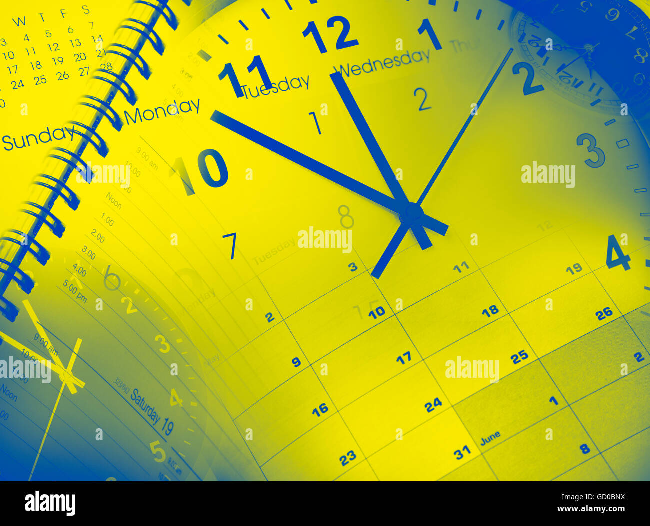 Clock faces and calendars composite Stock Photo