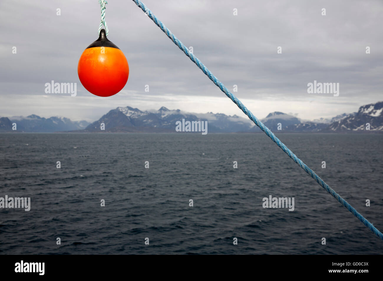 Buoy on board the ferry Sarfaq Ittuk off the west coast of Greenland Stock Photo