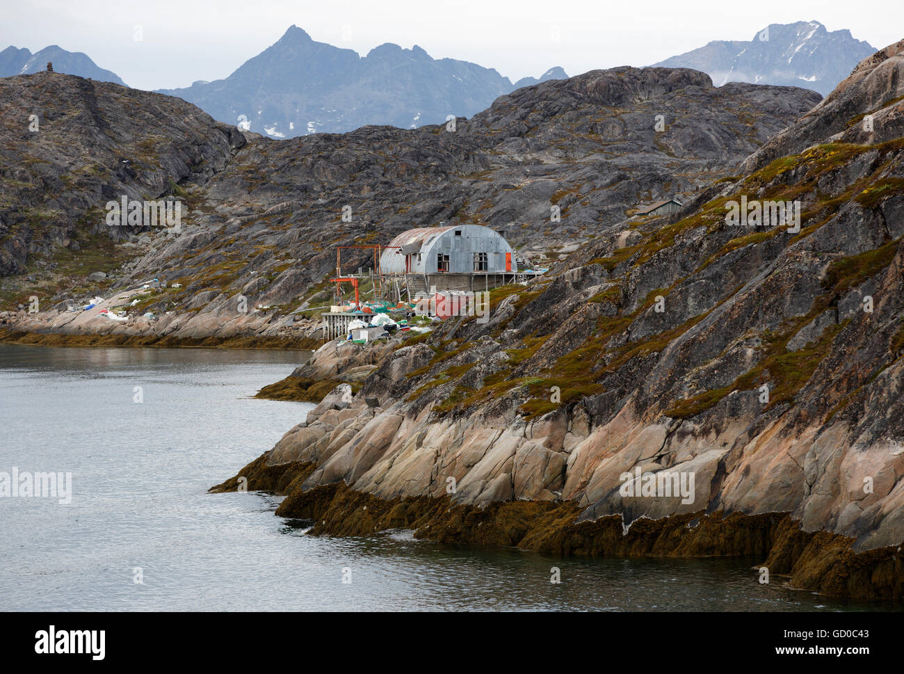 Isolated fishing station near Maniitsoq, Greenland Stock Photo