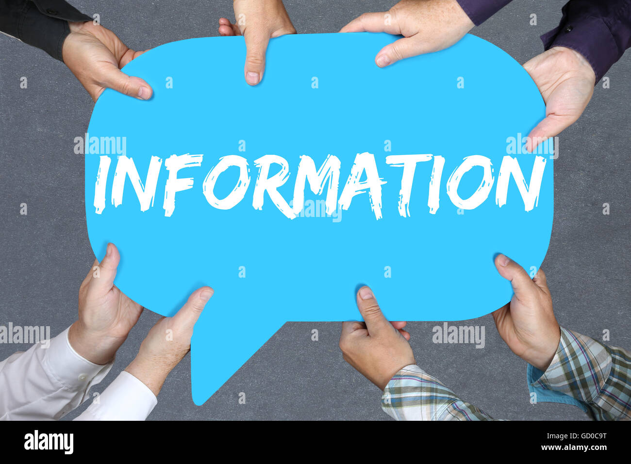 Group of people holding with hands the word information info message