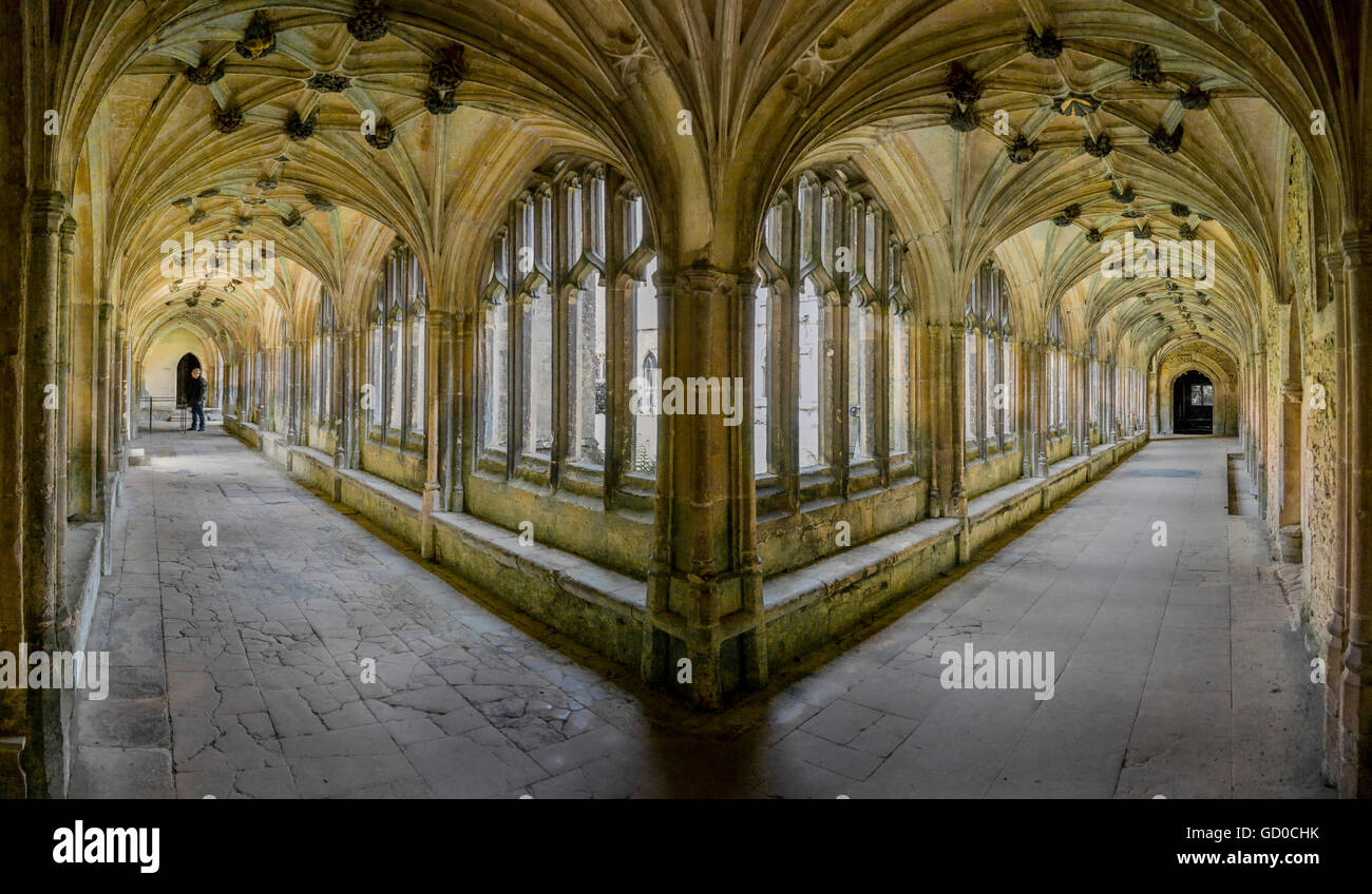 Interior panoramic view of the cloisters at Lacock Abbey, Wiltshire, UK Stock Photo