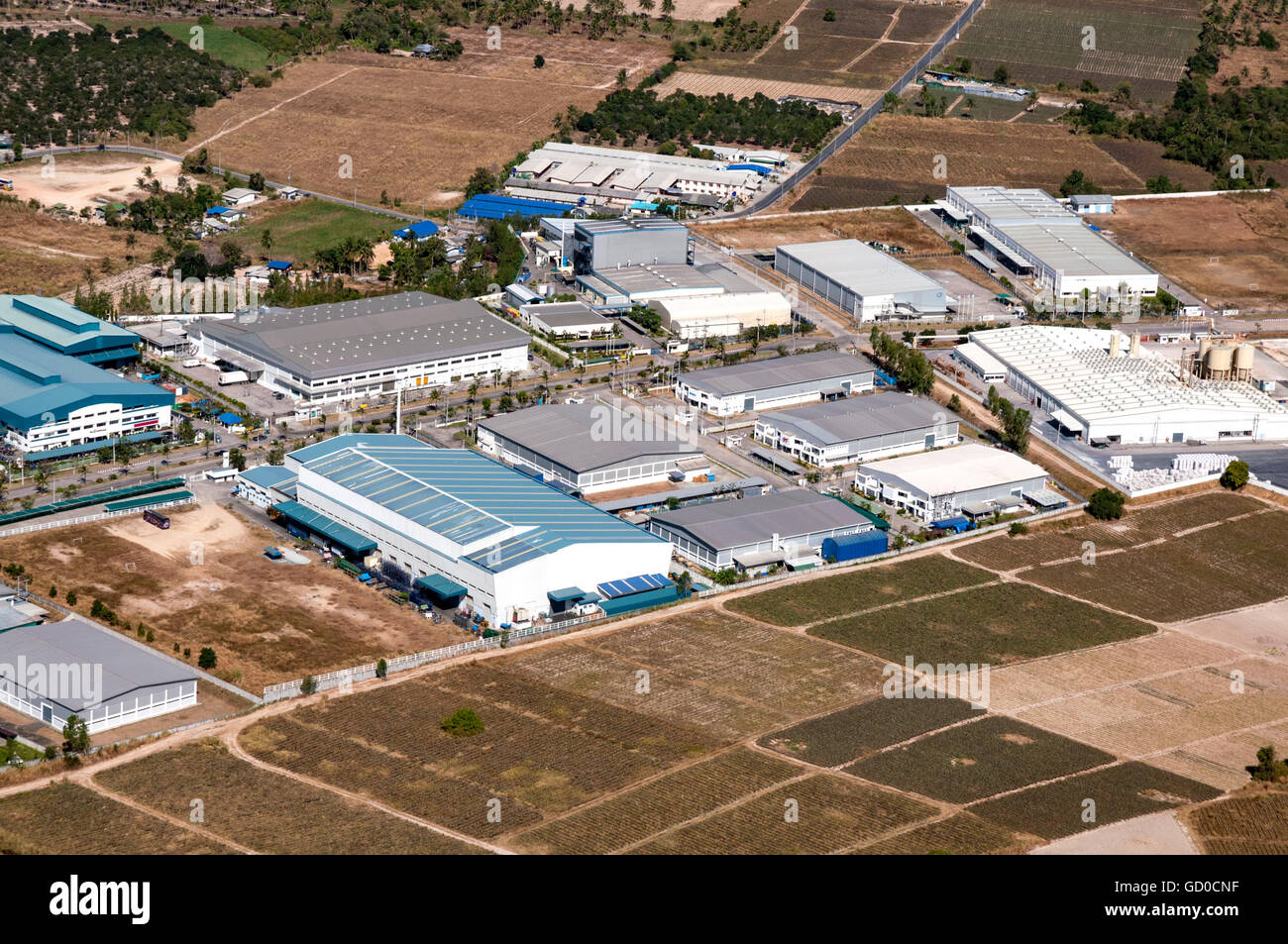 Industrial estate land development Factories and Storage facilities aerial view Stock Photo