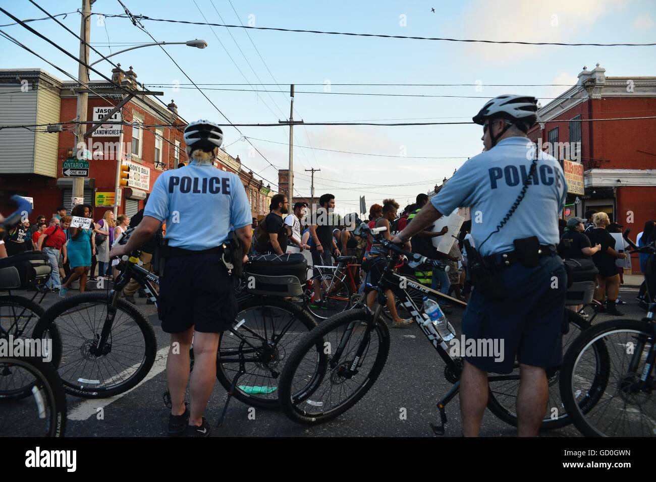 Philadelphia, Pennsylvania, USA. 9th July, 2016. For a fourth consecutive day, on July 9th, 2016, protestors with REAL Justice and Black Lives Matter march the streets to protest against recent police involved shootings and police brutality in North Philadelphia, Pennsylvania as well in other cities around the U.S. Credit:  Bastiaan Slabbers/ZUMA Wire/Alamy Live News Stock Photo