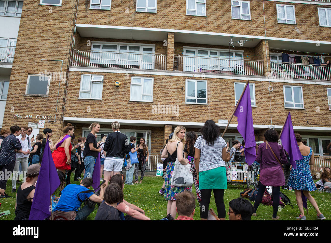 London, UK. 9th July, 2016. Members of feminist direct action group Sisters Uncut occupy a social housing block as a form of protest to call on both Hackney Council and the Government not to implement the Housing Act, to cease the demolition of council housing and to invest funds in both social housing and refuges for women fleeing domestic violence. Credit:  Mark Kerrison/Alamy Live News Stock Photo