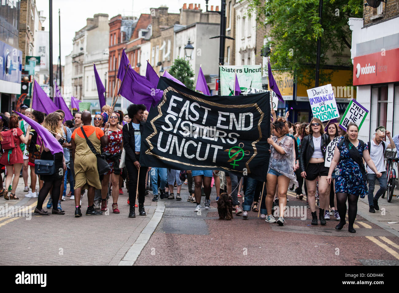 London, UK. 9th July, 2016. Feminist direct action group Sisters Uncut march in Hackney to call on both Hackney Council and the Government not to implement the Housing Act, to cease the demolition of council housing and to invest funds in both social housing and refuges for women fleeing domestic violence. The protest took the form of a march to a social housing block currently being occupied - a protest occupation - by Sisters Uncut. Credit: Mark Kerrison/Alamy Live News Stock Photo