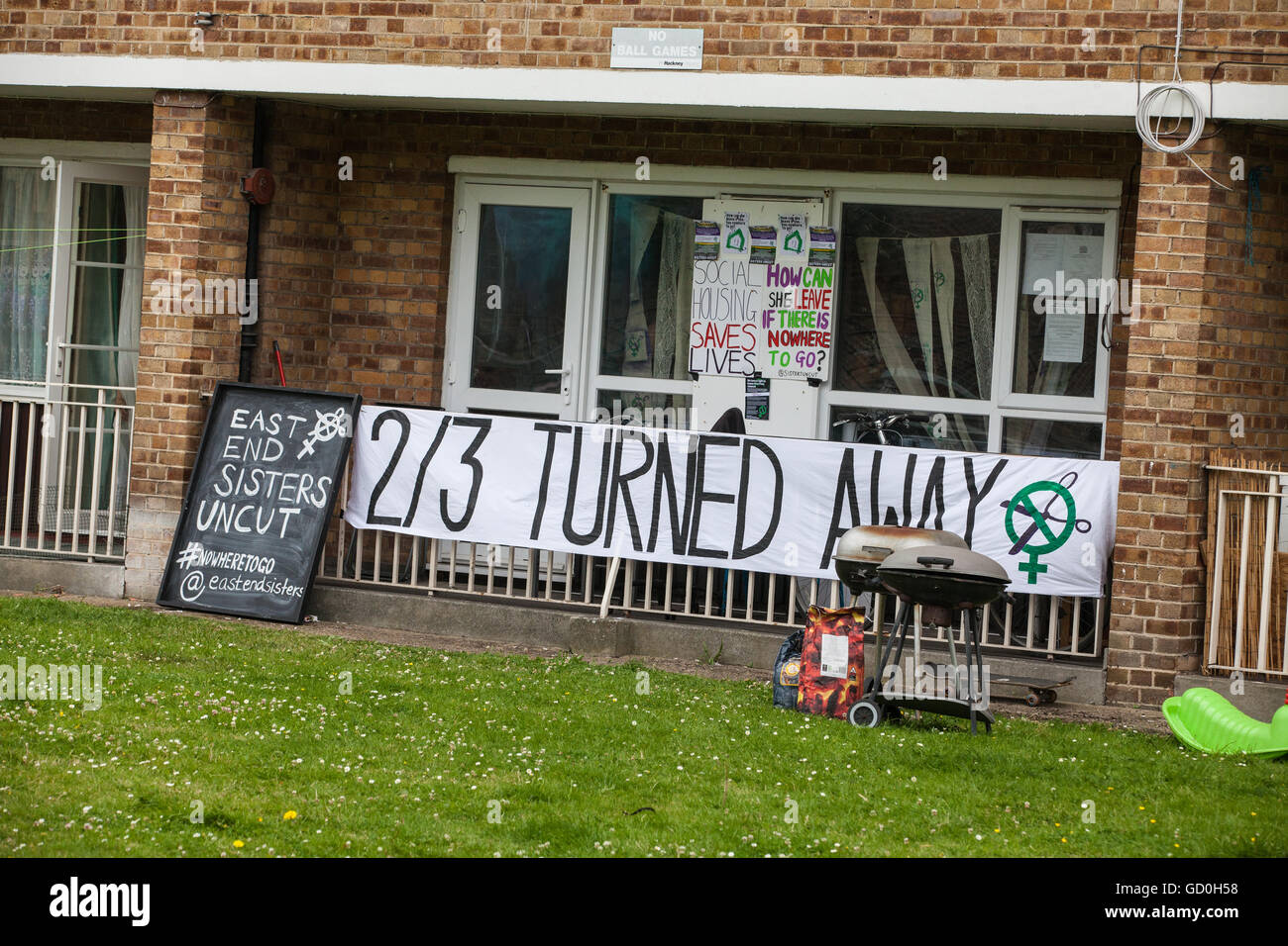 London, UK. 9th July, 2016. A social housing block being occupied by feminist direct action group Sisters Uncut as a form of protest to call on both Hackney Council and the Government not to implement the Housing Act, to cease the demolition of council housing and to invest funds in both social housing and refuges for women fleeing domestic violence. Credit:  Mark Kerrison/Alamy Live News Stock Photo