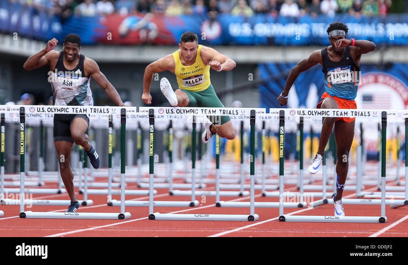 July 9, 2016 - DEVON ALLEN, center, clears a hurdle in the men's 100m ...