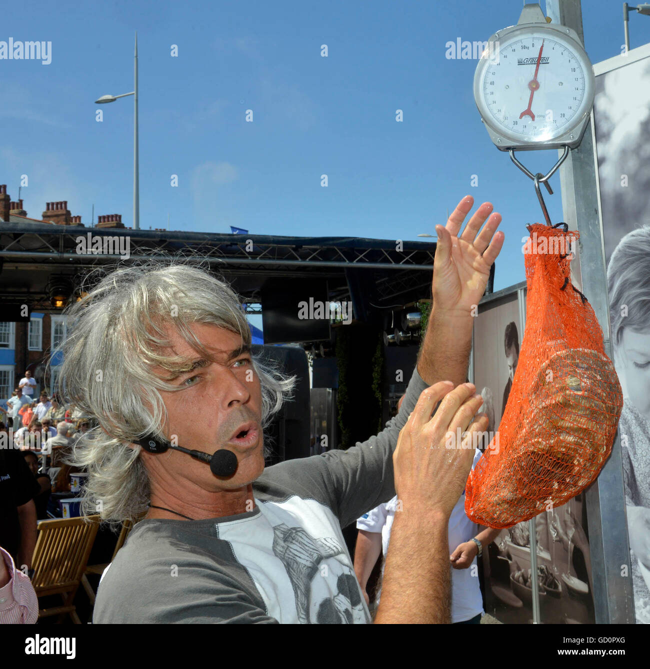 Weymouth, UK. 10th July, 2016. The world's largest oyster weighing in