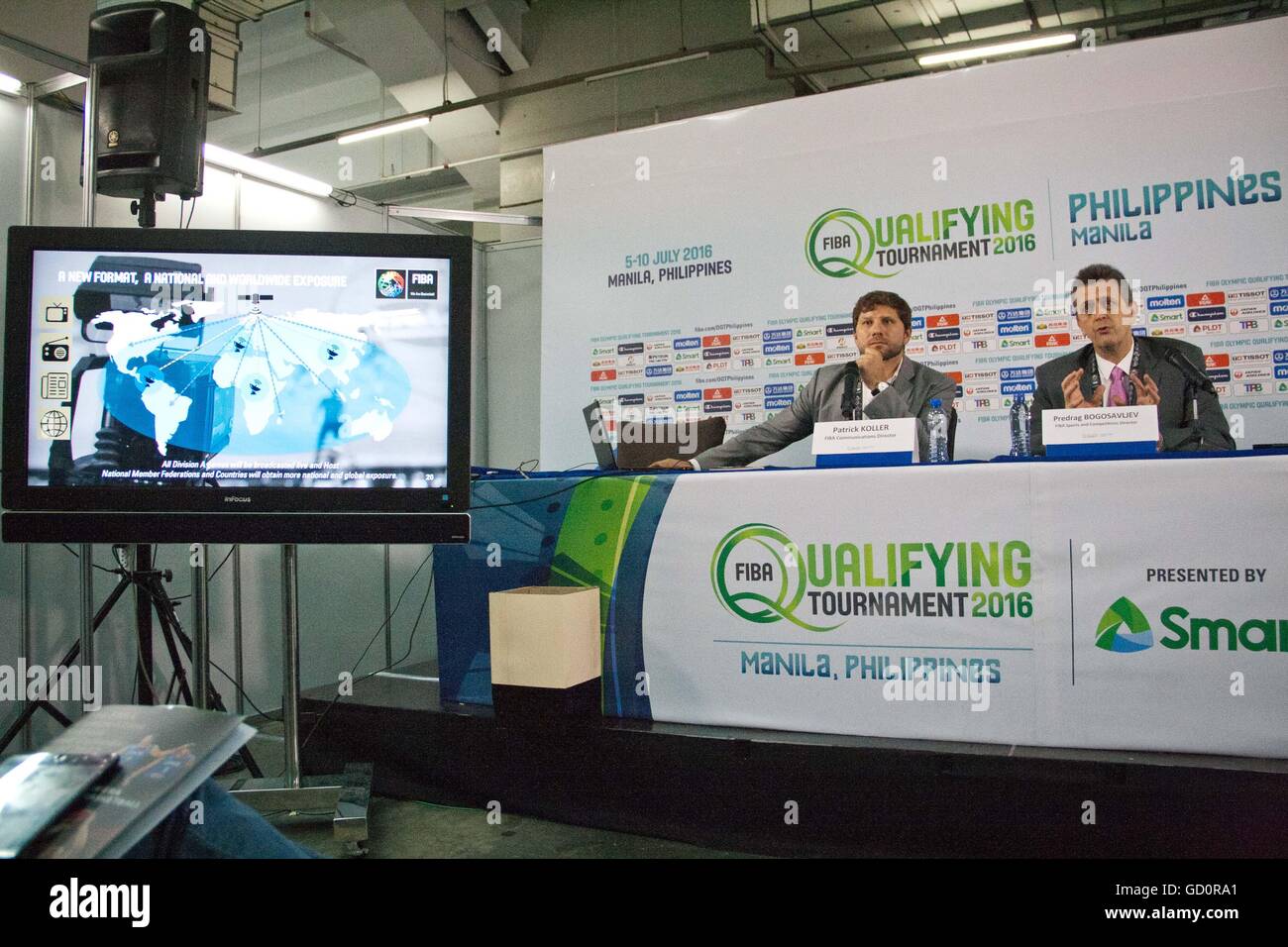 Philippines. 10th July, 2016. Predrag Bogosavljev (FIBA Sport & Competitions Director) and Patrick Koller (FIBA Communications Director) conducted a press conference on Sunday before the final qualifying game at the mall of Asia Arena in Pasay City, Metro Manila. The FIBA officials discussed the changes in the upcoming tournaments in the next few years. © J Gerard Seguia/ZUMA Wire/Alamy Live News Stock Photo