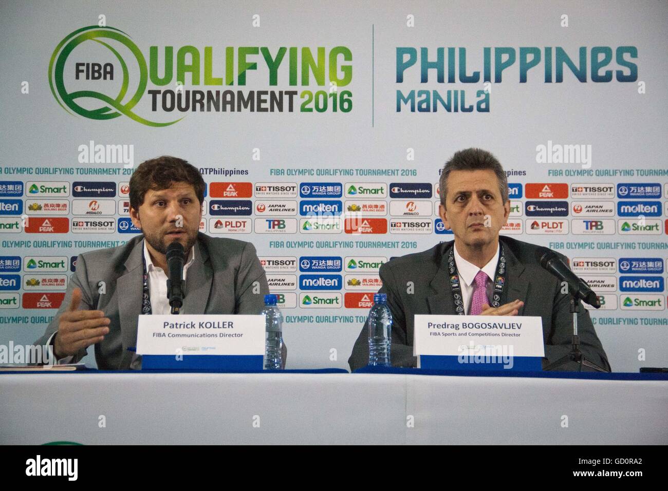 Philippines. 10th July, 2016. Predrag Bogosavljev (FIBA Sport & Competitions Director) and Patrick Koller (FIBA Communications Director) conducted a press conference on Sunday before the final qualifying game at the mall of Asia Arena in Pasay City, Metro Manila. The FIBA officials discussed the changes to the upcoming tournaments in the next few years. © J Gerard Seguia/ZUMA Wire/Alamy Live News Stock Photo