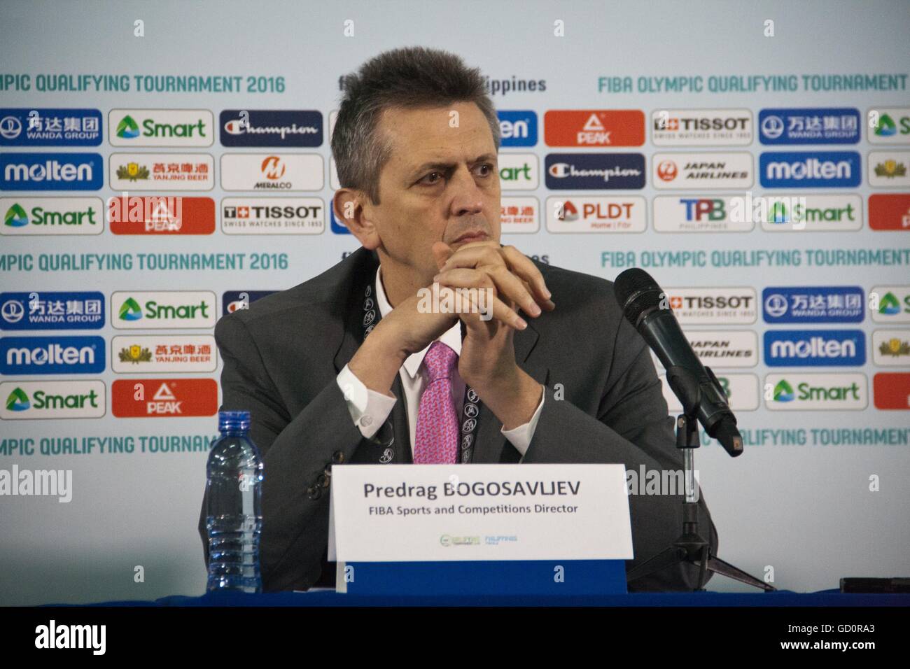 Philippines. 10th July, 2016. Predrag Bogosavljev looks on during the media discussion of FIBA competition changes. Predrag Bogosavljev (FIBA Sport & Competitions Director) and Patrick Koller (FIBA Communications Director) conducted a press conference on Sunday before the final qualifying game at the mall of Asia Arena in Pasay City, Metro Manila. The FIBA officials discussed the changes to the upcoming tournaments in the next few years. © J Gerard Seguia/ZUMA Wire/Alamy Live News Stock Photo