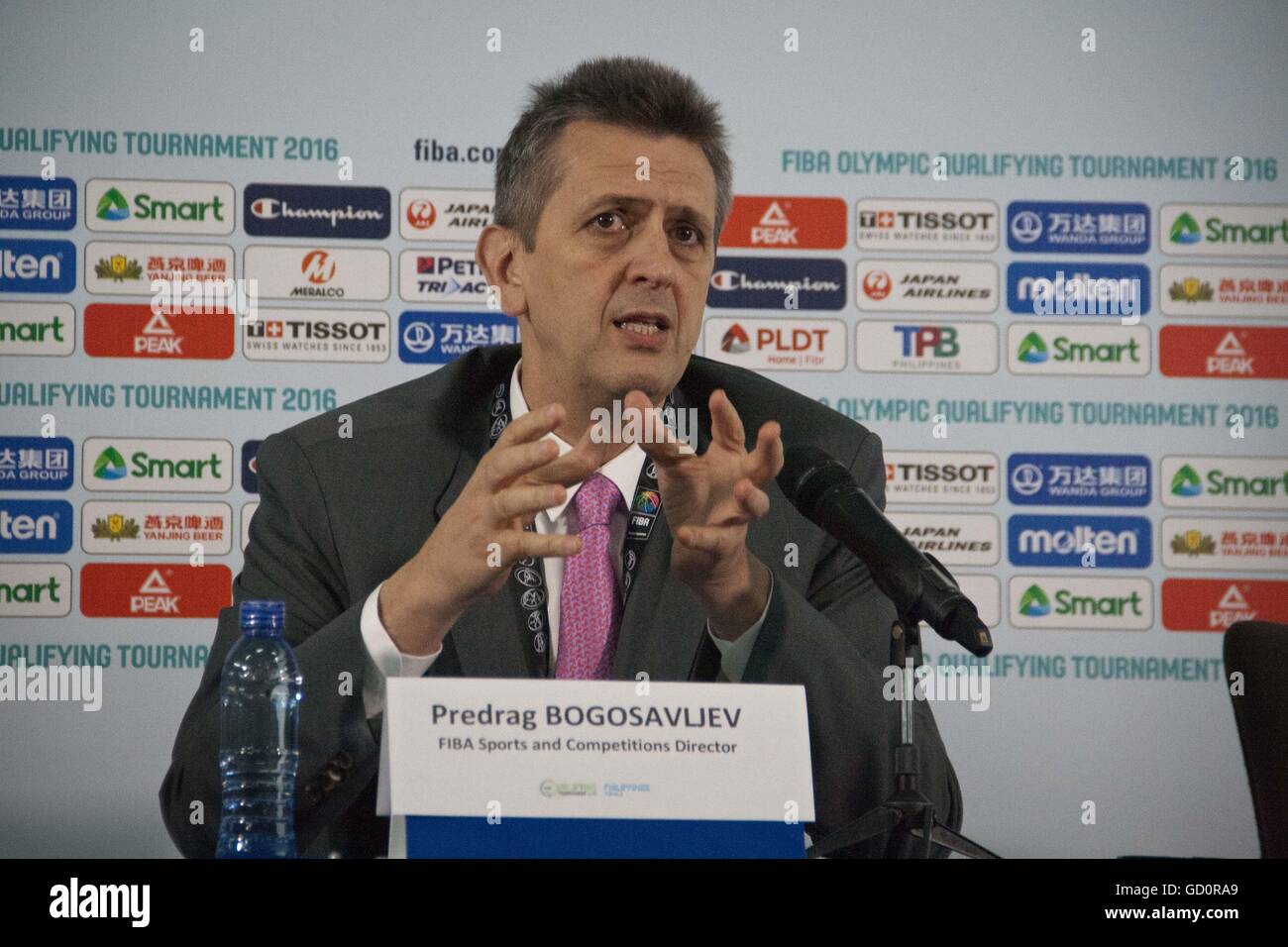 Philippines. 10th July, 2016. Predrag Bogosavljev gestures as he talks to the media about FIBA competition changes. Predrag Bogosavljev (FIBA Sport & Competitions Director) and Patrick Koller (FIBA Communications Director) conducted a press conference on Sunday before the final qualifying game at the mall of Asia Arena in Pasay City, Metro Manila. The FIBA officials discussed the changes to the upcoming tournaments in the next few years. © J Gerard Seguia/ZUMA Wire/Alamy Live News Stock Photo
