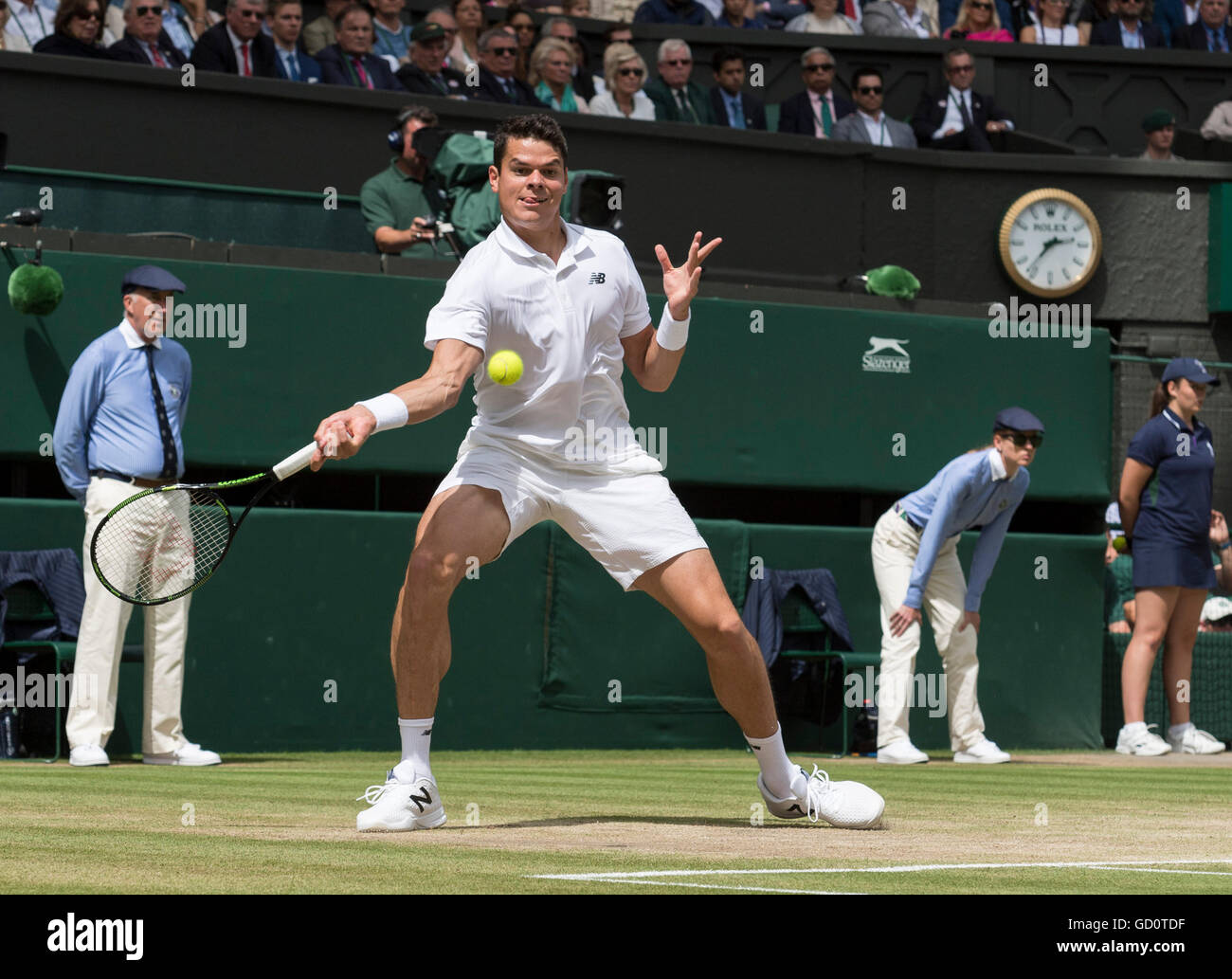 London, United Kingdom. 10 July, 2016.  The Wimbledon Tennis Championships 2016 held at The All England Lawn Tennis and Croquet Club, London, England, UK.    Andy Murray (GBR) [2] v Milos Raonic (CAN) [6]. Gentlemen's Singles - Final.  Centre Court.  Pictured:- Milos Raonic. Stock Photo