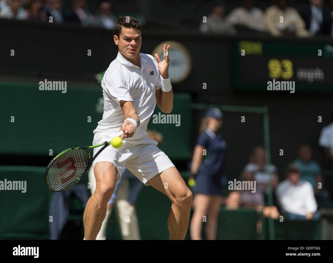 London, United Kingdom. 10 July, 2016.  The Wimbledon Tennis Championships 2016 held at The All England Lawn Tennis and Croquet Club, London, England, UK.    Andy Murray (GBR) [2] v Milos Raonic (CAN) [6]. Gentlemen's Singles - Final.  Centre Court.  Pictured:- Milos Raonic. Stock Photo