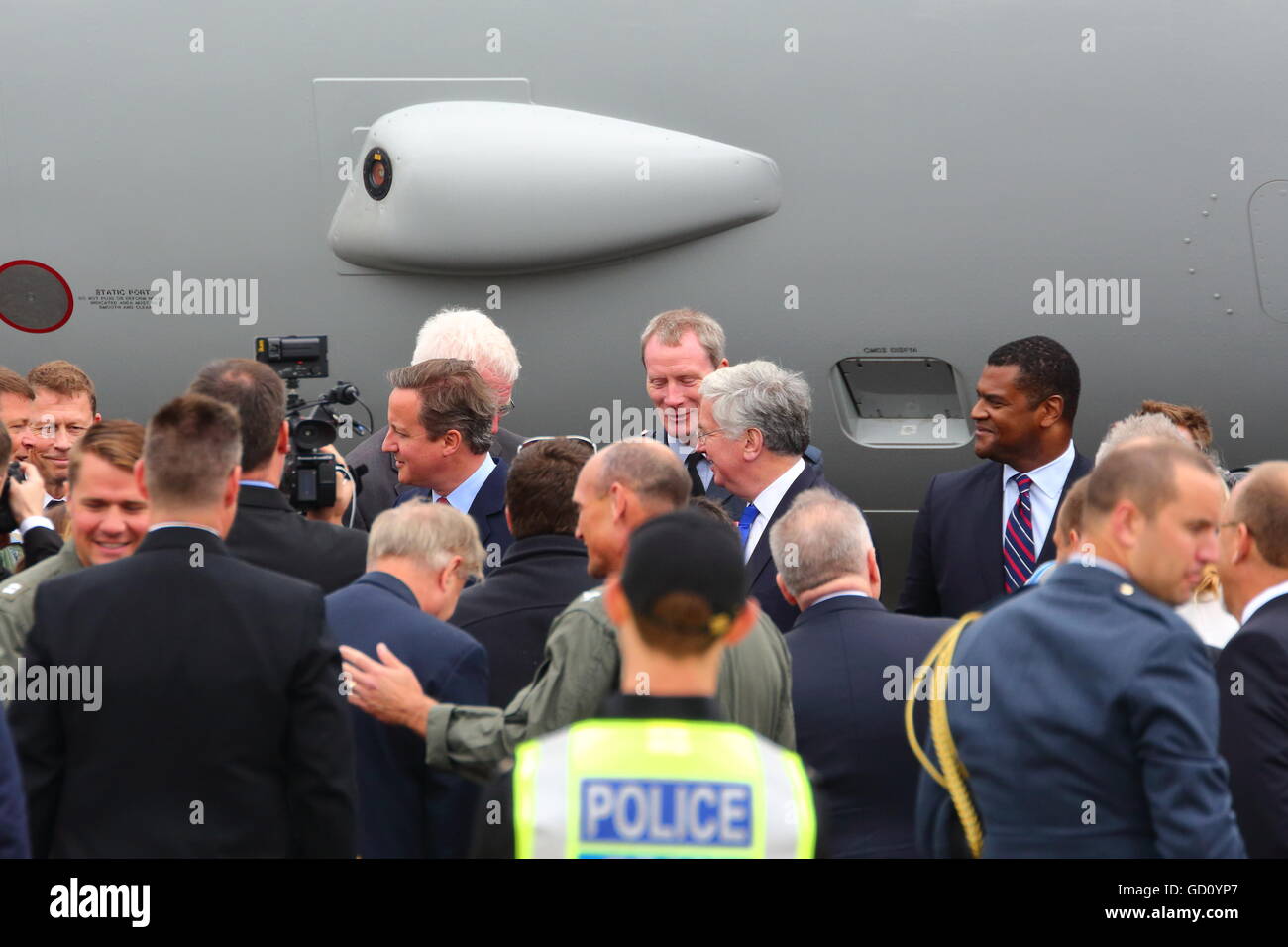 Farnborough, Hampshire, UK. 11th July, 2016. Farnborough International Airshow.  PM Cameron visits a trade stand Credit:  Uwe Deffner/Alamy Live News Stock Photo