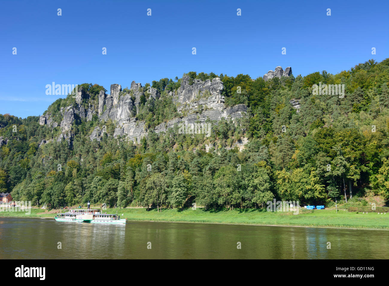 Rathen River Elbe with steamer Pillnitz and rocks of Saxon Switzerland with Bastei Rock Germany Sachsen, Saxony Sächsische Schwe Stock Photo