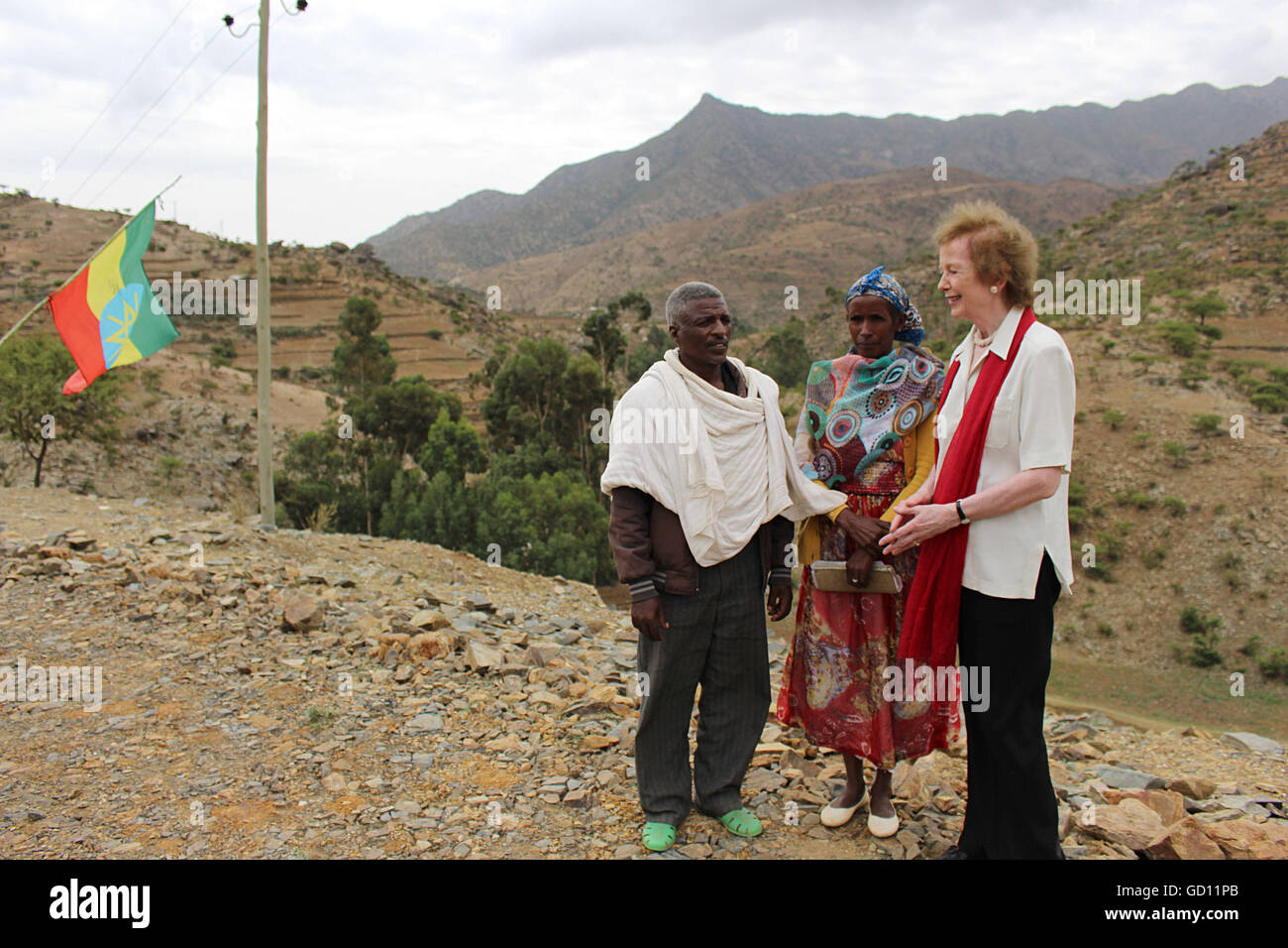 File photo dated 07/07/16 of UN envoy for climate change and El nino Mary Robinson meeting local farmers in Asmut village in Tigray, Ethiopia, as she has called for schoolchildren to be taught more about how their lives directly impact climate change. Stock Photo