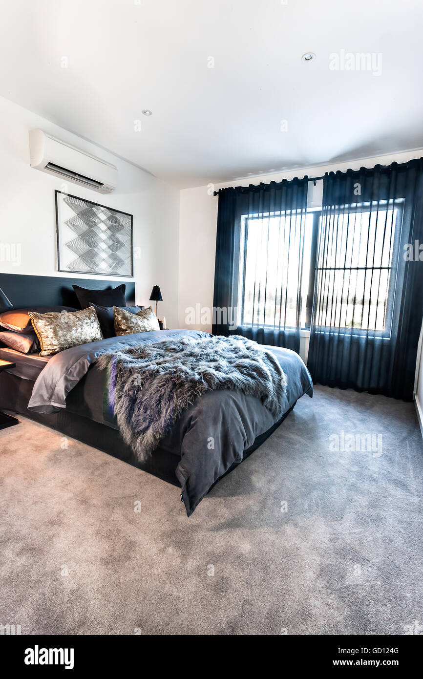 Modern Bedroom With Dark Color Decorations Included Wool