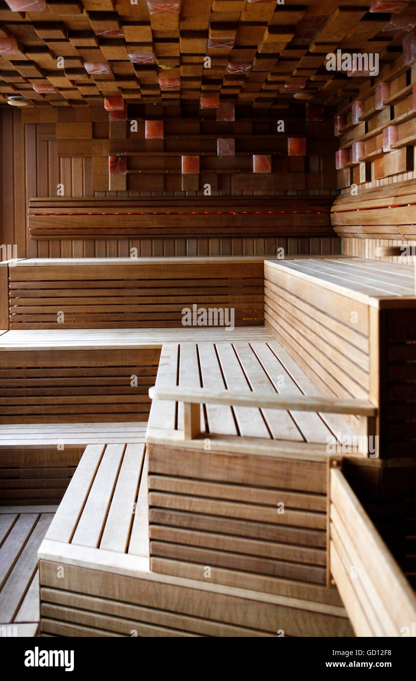 Interior of a wooden Finnish sauna Stock Photo Alamy