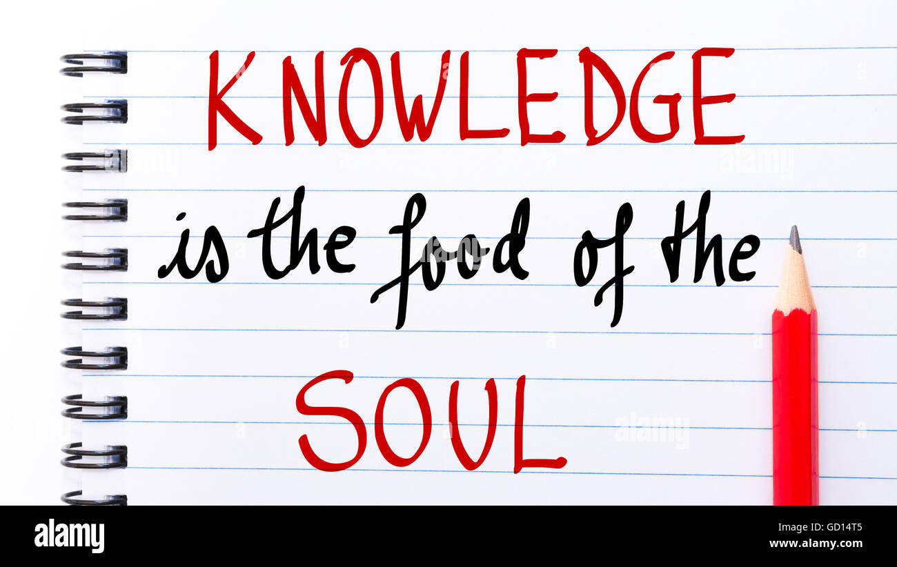 Knowledge is the Food of the Soul written on notebook page with red pencil on the right Stock Photo